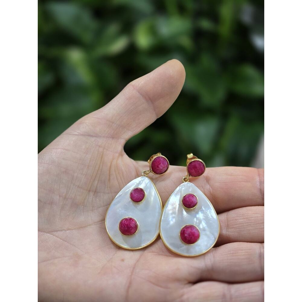 Ruby Drop Earrings with Mother of Pearl Teardrop – 18K Gold Over Sterling Silver